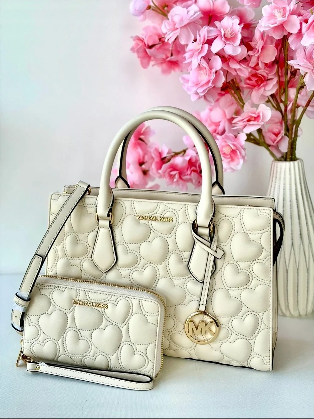Michael Kors Cream Quilted Heart Satchel and Wristlet Set